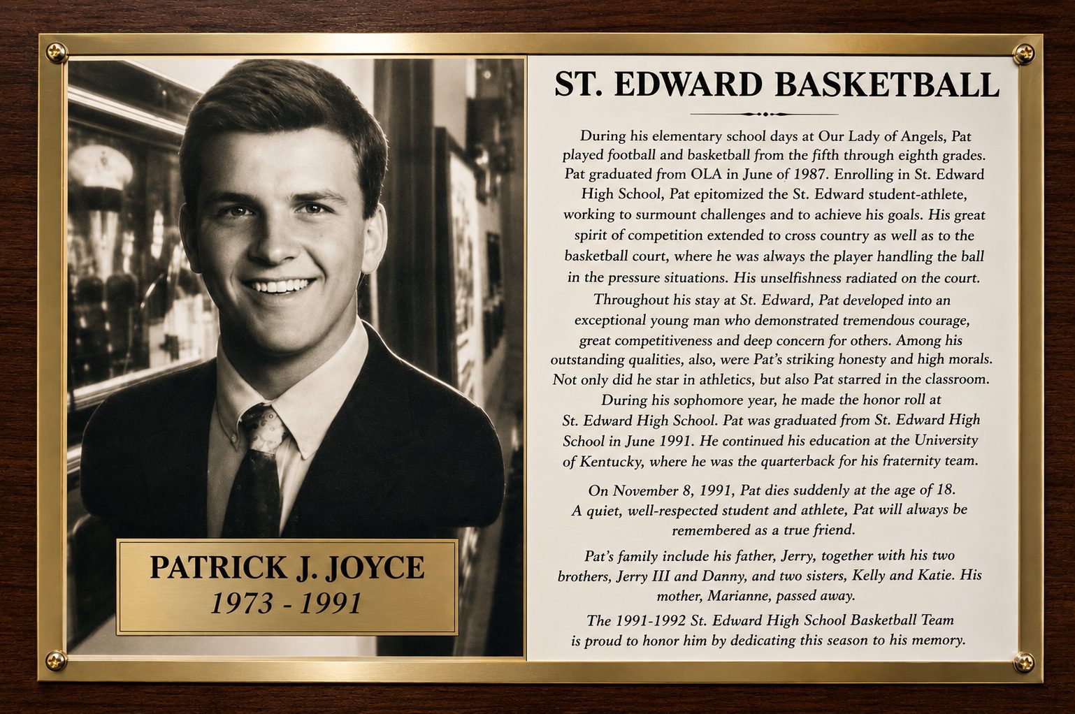 Plaque of Patrick at his Highschool